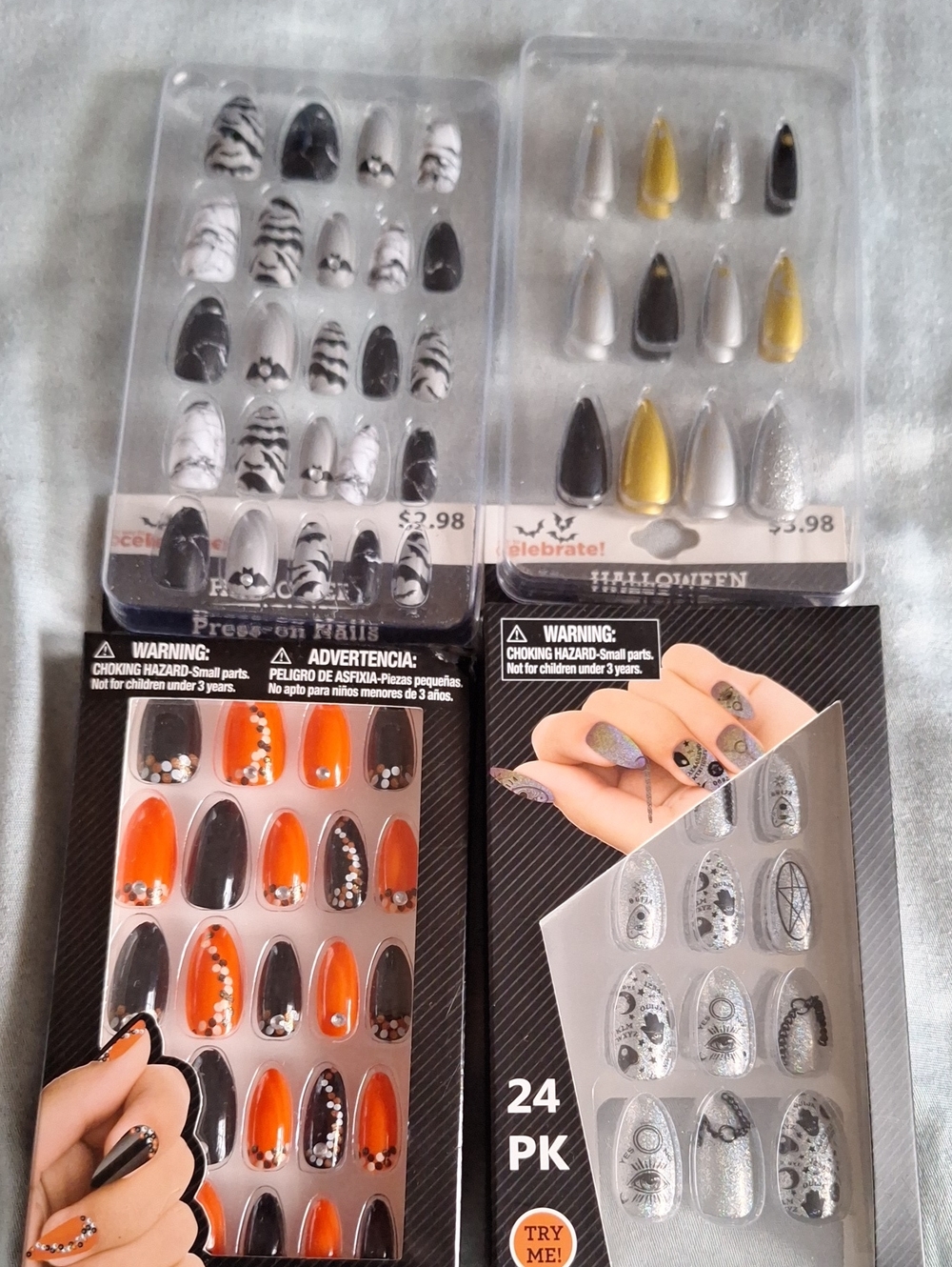 96 NEW Halloween Press-On Nail Set - Black, White, Orange, Gold, Silver